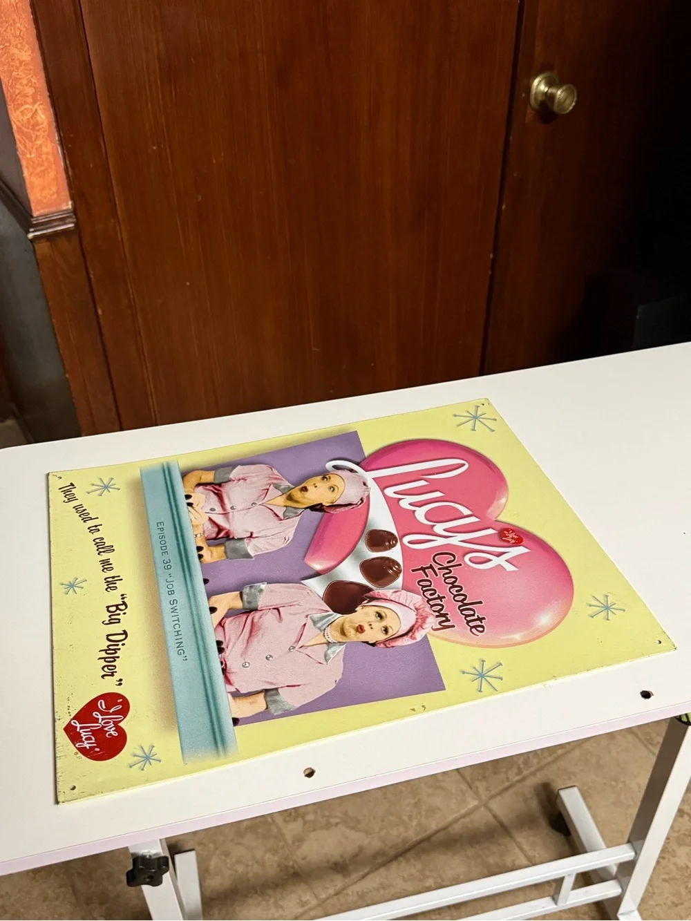 Lucy’s Chocolate Factory Retro Metal Sign - Pink Heart Graphic